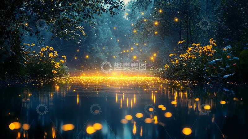 高清大图下载【趣麦麦图】森林湖面萤火虫夜景