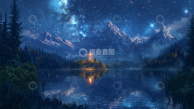 高清大图下载【趣麦麦图】星空下的湖边小屋