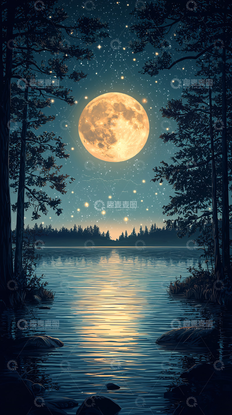 高清大图下载【趣麦麦图】森林湖泊满月星空