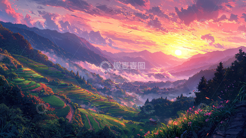高清大图下载【趣麦麦图】梦幻山谷日落
