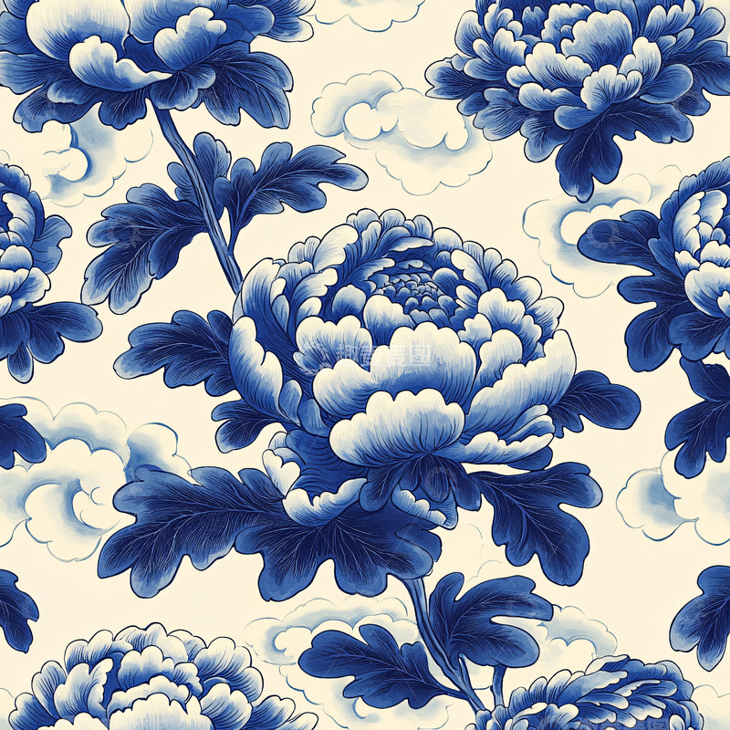 高清大图下载【趣麦麦图】青花瓷风格牡丹花纹样