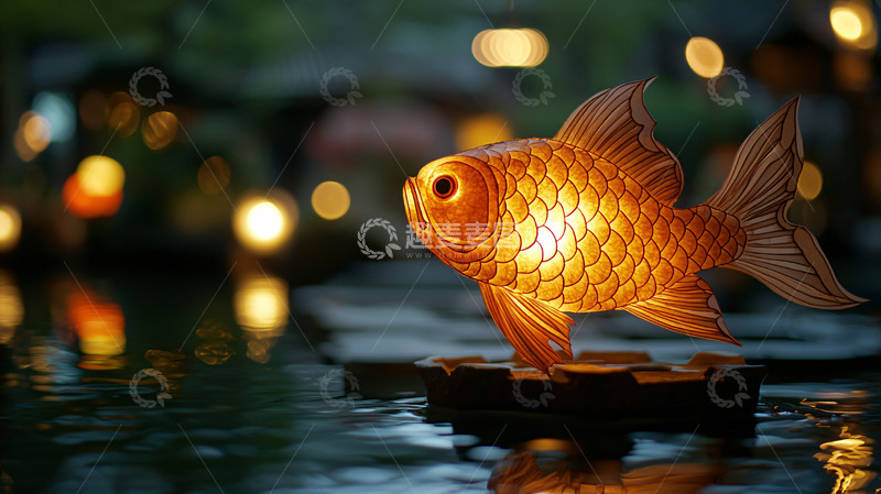 高清大图下载【趣麦麦图】夜色中发光的木质金鱼灯笼