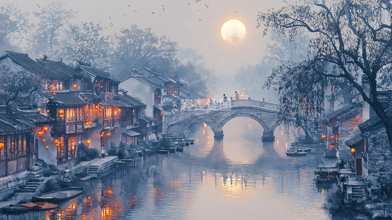 高清大图下载【趣麦麦图】江南水乡月夜