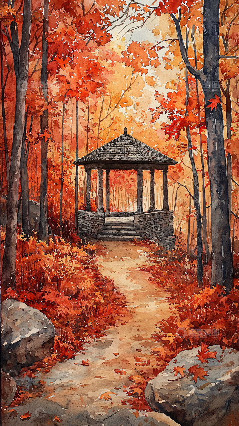 高清大图下载【趣麦麦图】秋日红叶林中小亭