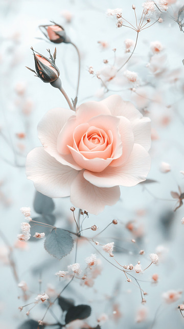 淡粉色玫瑰花与小白花