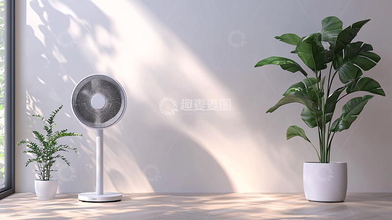 高清大图下载【趣麦麦图】极简风电风扇和绿植的室内一角
