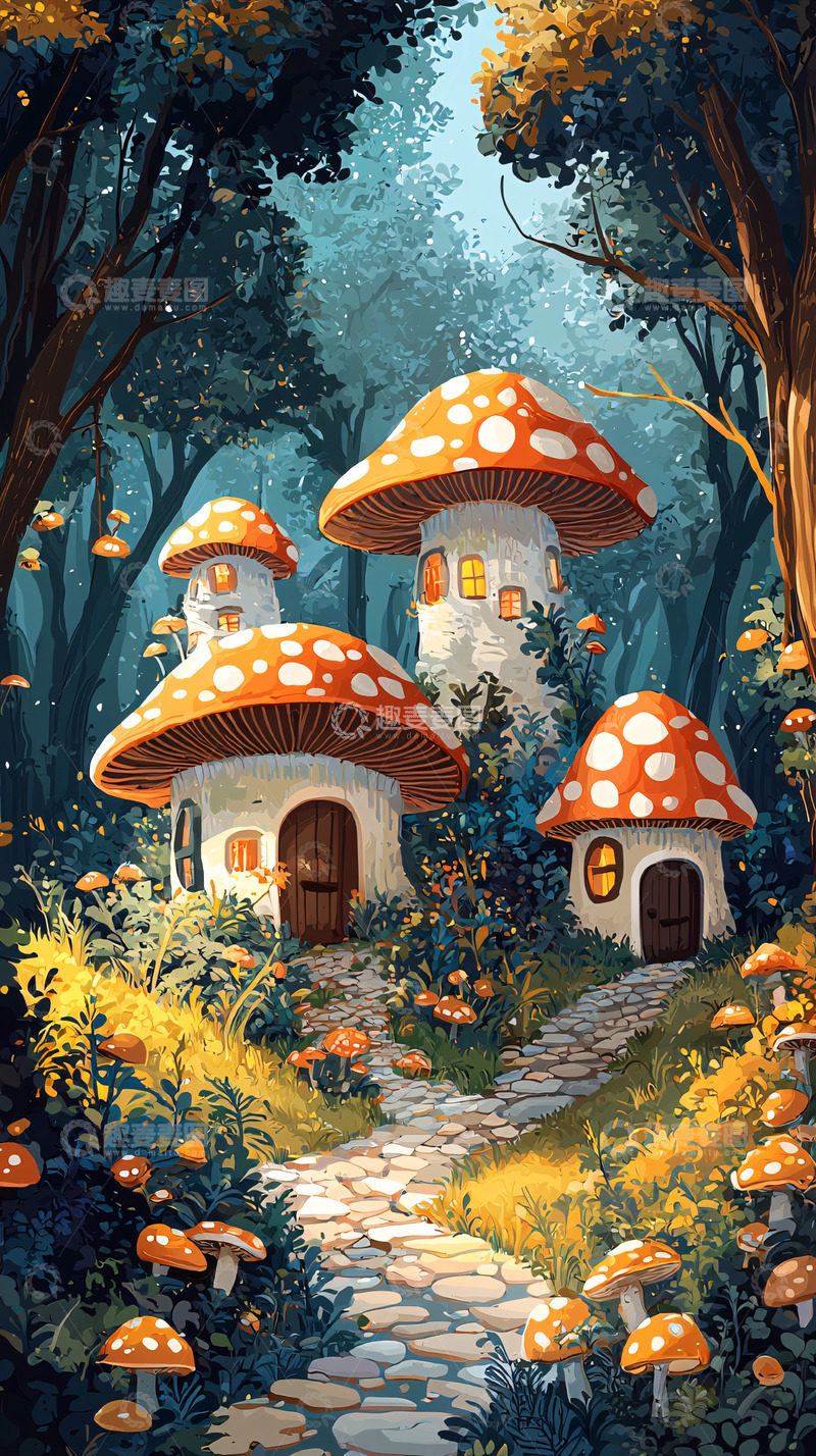 高清大图下载【趣麦麦图】蘑菇屋在森林中