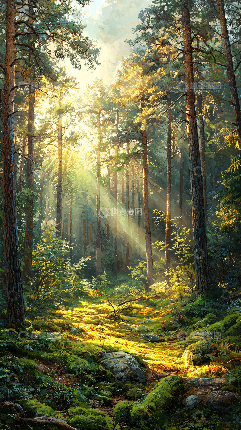 高清大图下载【趣麦麦图】阳光穿透森林的绿色风景