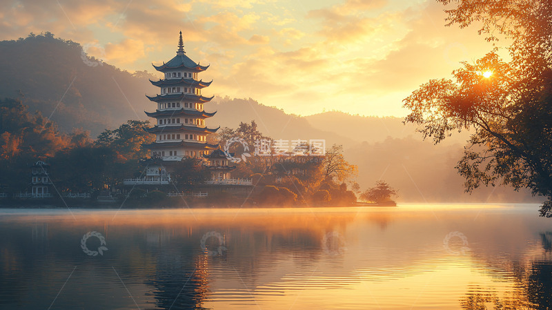 高清大图下载【趣麦麦图】清晨雾气中的古塔