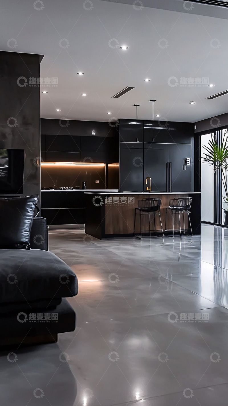 高清大图下载【趣麦麦图】现代极简黑色系开放式厨房