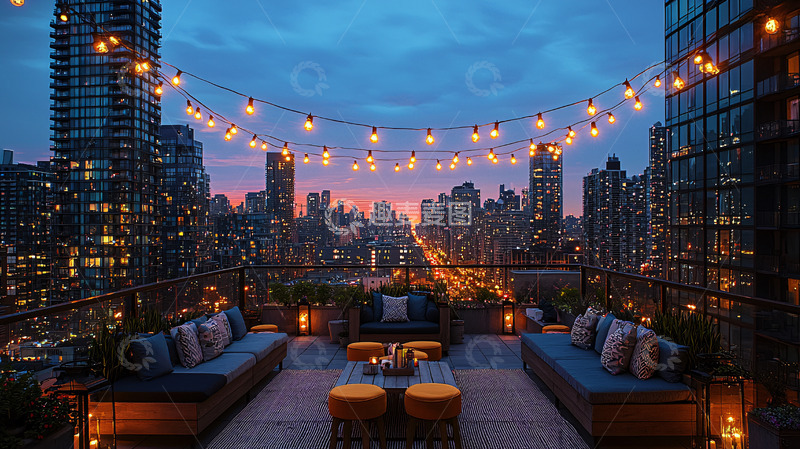 高清大图下载【趣麦麦图】城市夜景灯串装饰露台