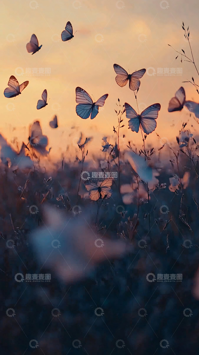 高清大图下载【趣麦麦图】夕阳下飞舞的蝴蝶