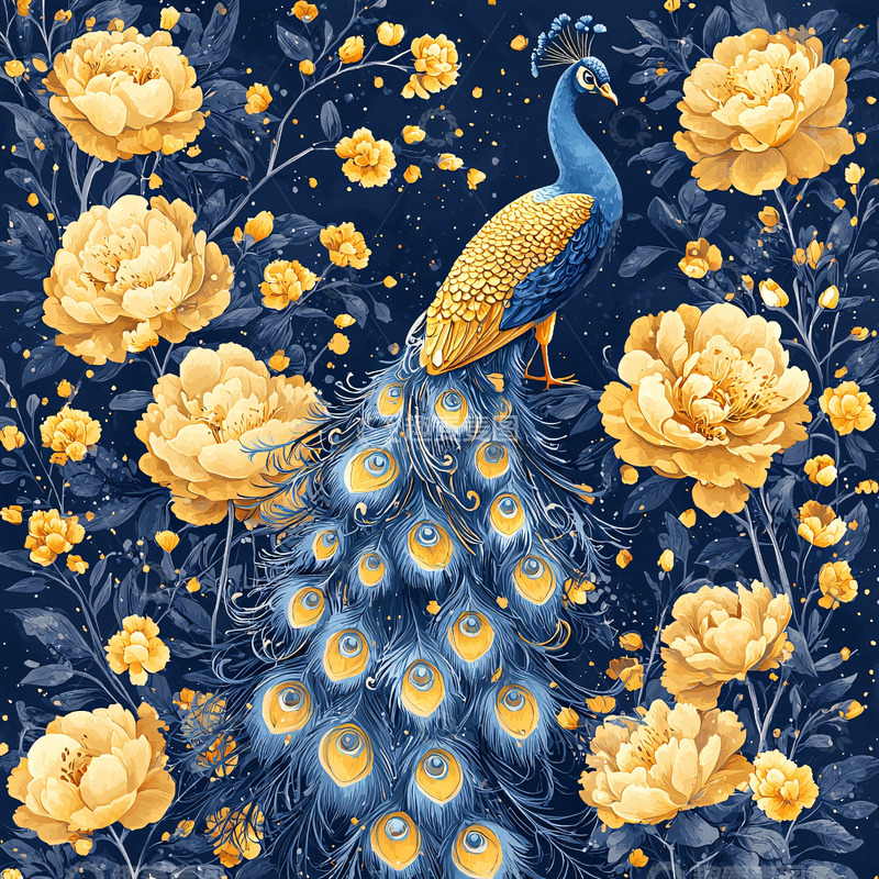高清大图下载【趣麦麦图】蓝调孔雀与金色牡丹