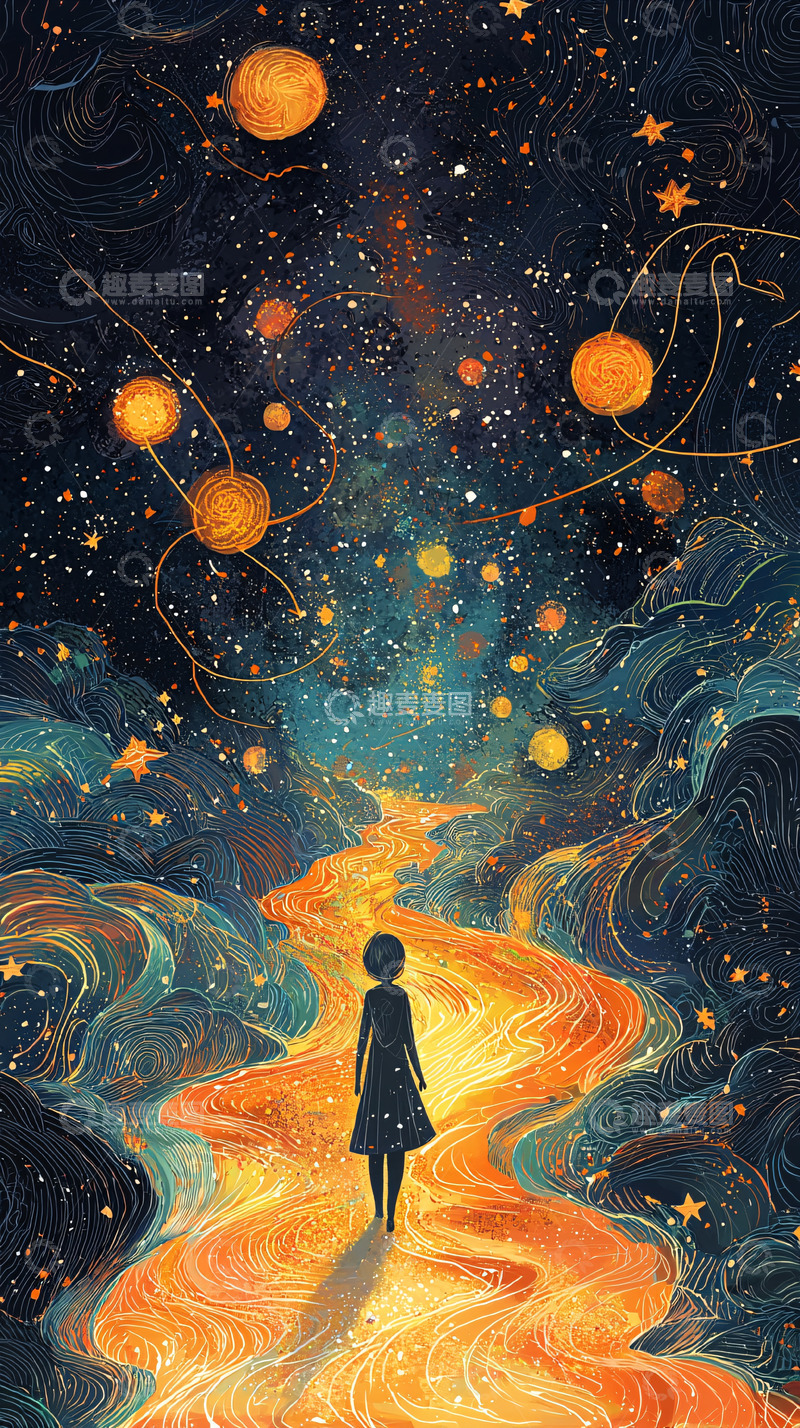 高清大图下载【趣麦麦图】星空河流女孩