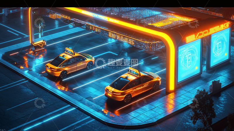 高清大图下载【趣麦麦图】未来科技感出租车充电站
