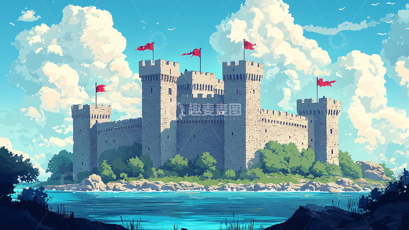 高清大图下载【趣麦麦图】蓝天白云下的卡通城堡