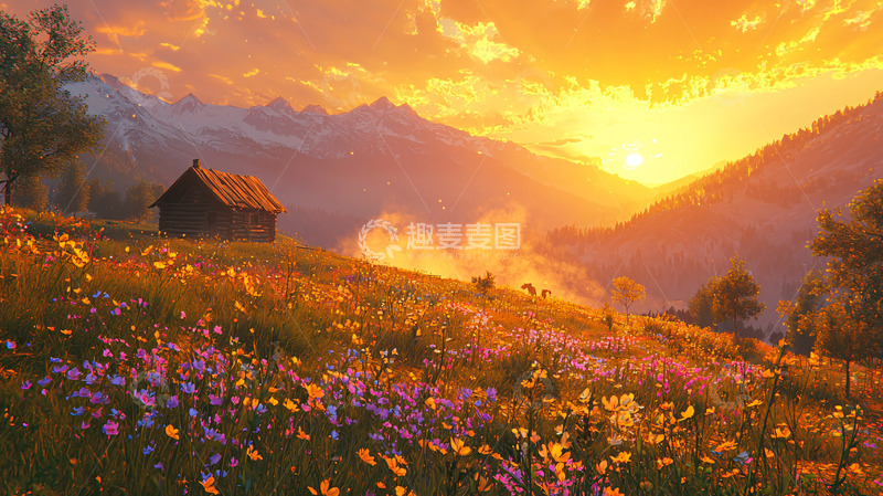 高清大图下载【趣麦麦图】日落山间小屋鲜花