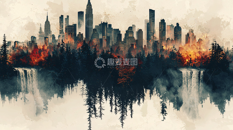 高清大图下载【趣麦麦图】纽约城市森林大火水彩画