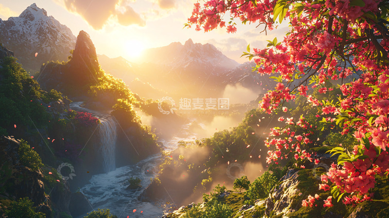 高清大图下载【趣麦麦图】日出山峰瀑布樱花