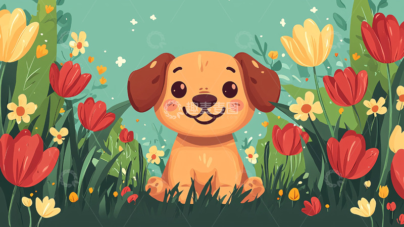 高清大图下载【趣麦麦图】可爱小狗在花丛中