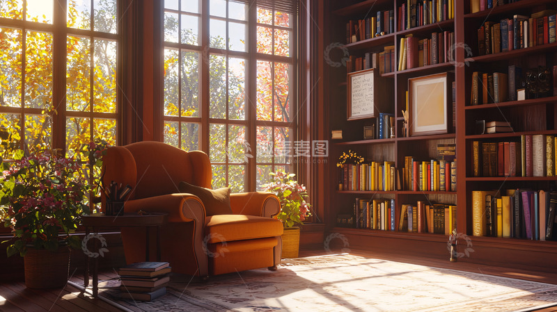 高清大图下载【趣麦麦图】阳光洒进书房的舒适角落