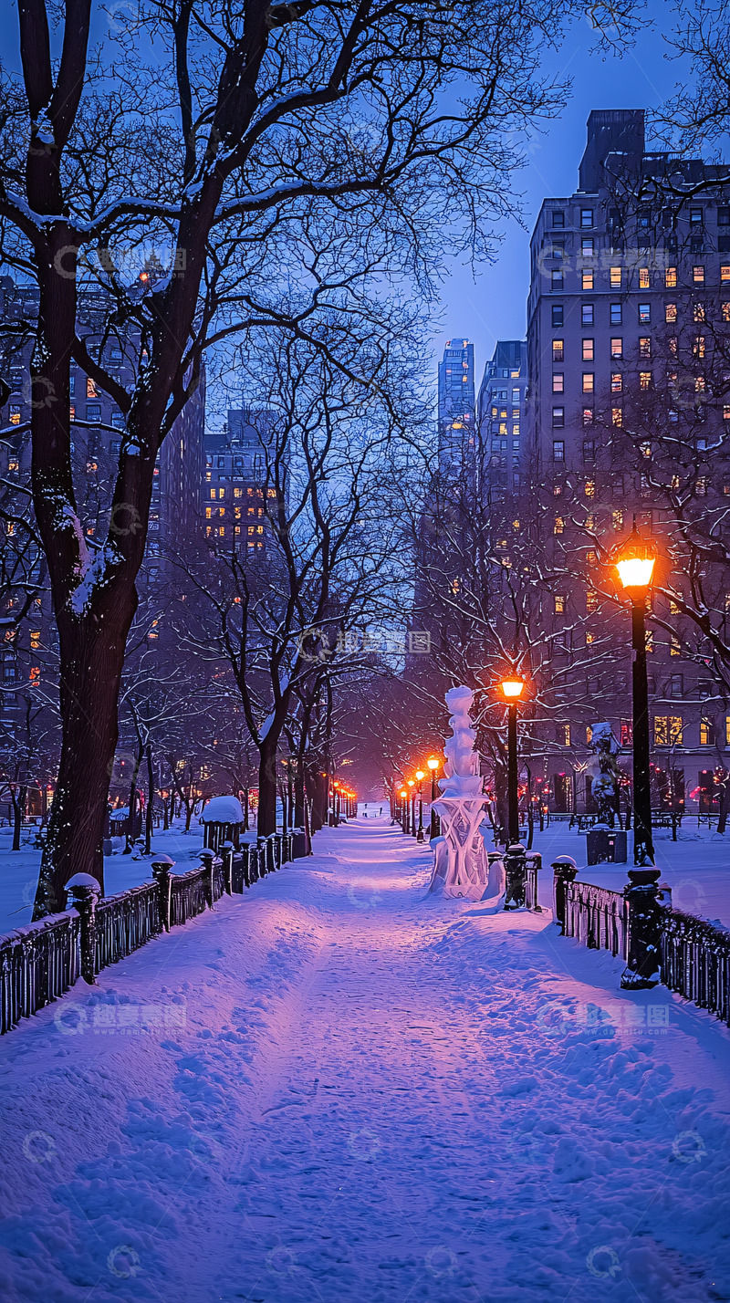 高清大图下载【趣麦麦图】冬夜雪景城市街道