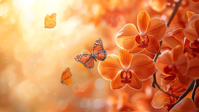 高清大图下载【趣麦麦图】阳光下的蝴蝶和橙色兰花