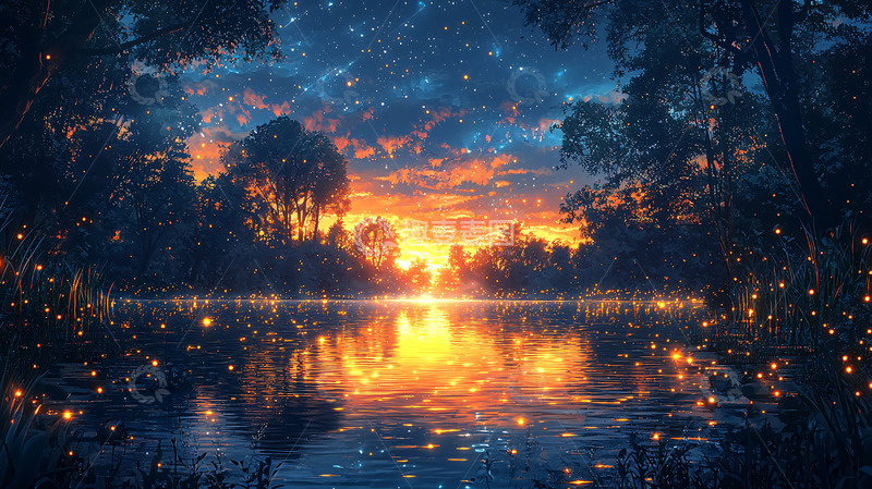 高清大图下载【趣麦麦图】梦幻森林湖泊日落