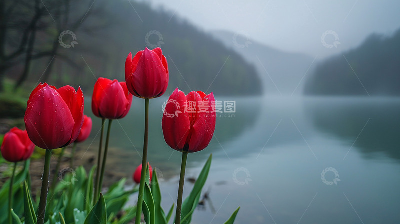 高清大图下载【趣麦麦图】-红郁金香雨后湖边景色