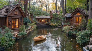 秋日木屋环绕小河