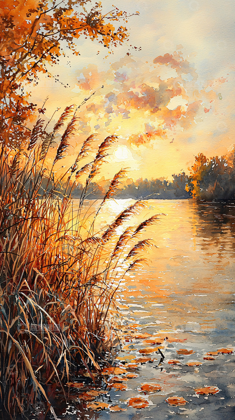 高清大图下载【趣麦麦图】金色秋日湖畔的宁静黄昏