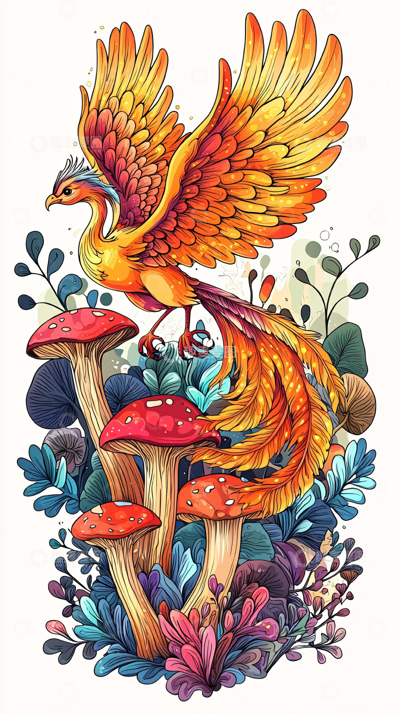 高清大图下载【趣麦麦图】金色凤凰栖息于蘑菇丛