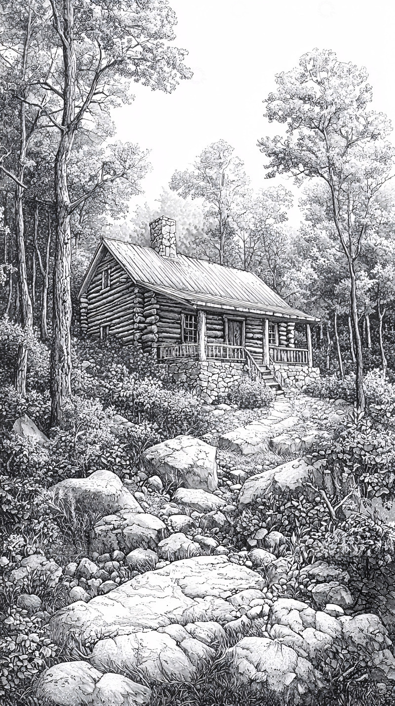 高清大图下载【趣麦麦图】森林木屋铅笔画