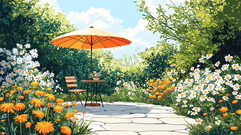 高清大图下载【趣麦麦图】阳光花园桌椅伞