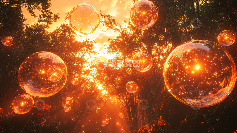 高清大图下载【趣麦麦图】漂浮的金色光球森林背景