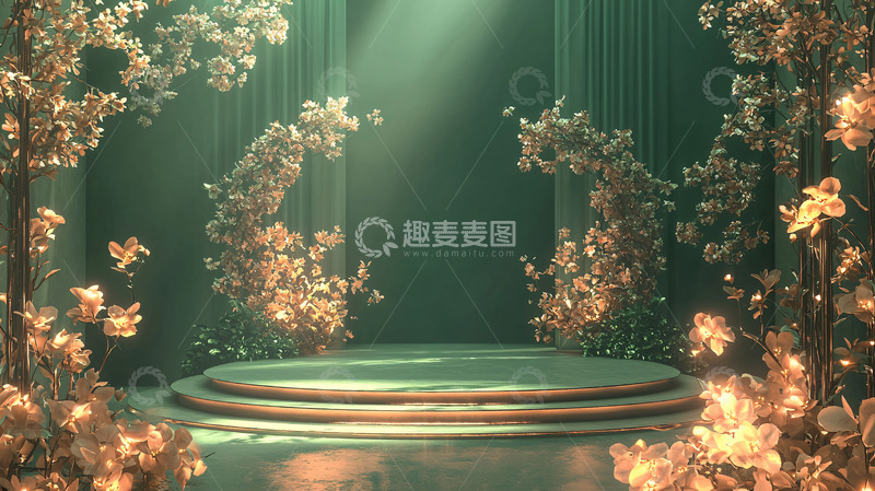 高清大图下载【趣麦麦图】绿宝石色花朵环绕圆形展台