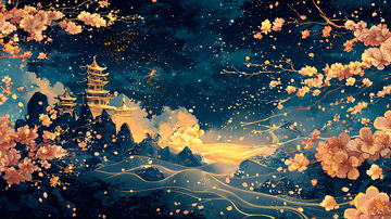 夜空下的古风建筑与花朵