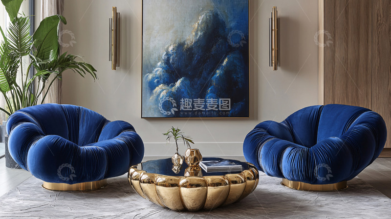 高清大图下载【趣麦麦图】蓝色丝绒沙发