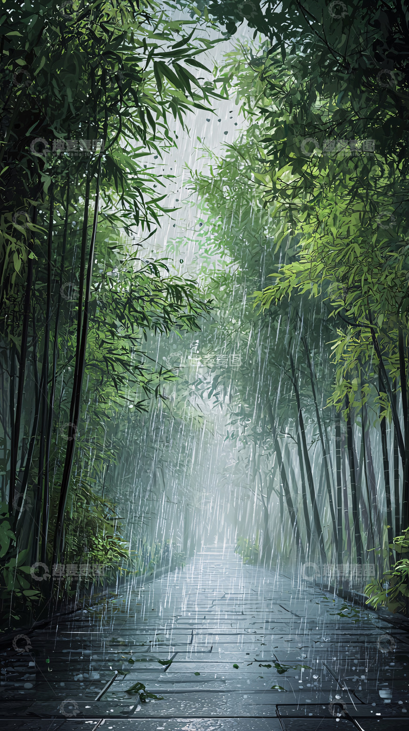 高清大图下载【趣麦麦图】雨中竹林小路