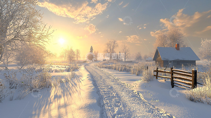 高清大图下载【趣麦麦图】冬日雪景乡村道路日出