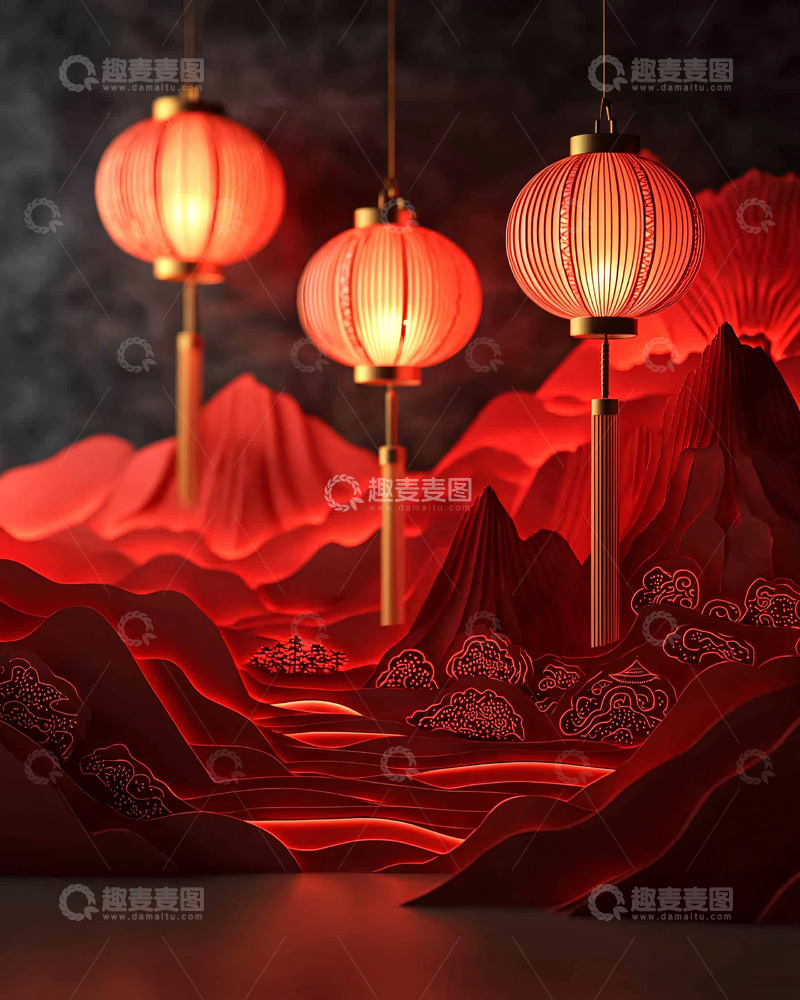 高清大图下载【趣麦麦图】红灯笼山峦剪纸