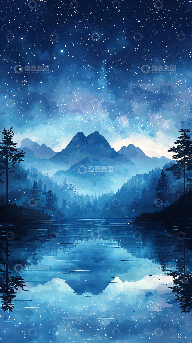 高清大图下载【趣麦麦图】蓝色星空下的山峦湖泊