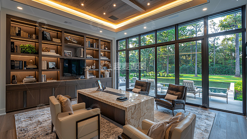 高清大图下载【趣麦麦图】现代风格书房客厅一体化