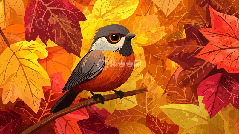高清大图下载【趣麦麦图】秋叶小鸟