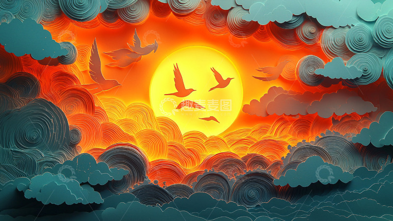 高清大图下载【趣麦麦图】剪纸夕阳