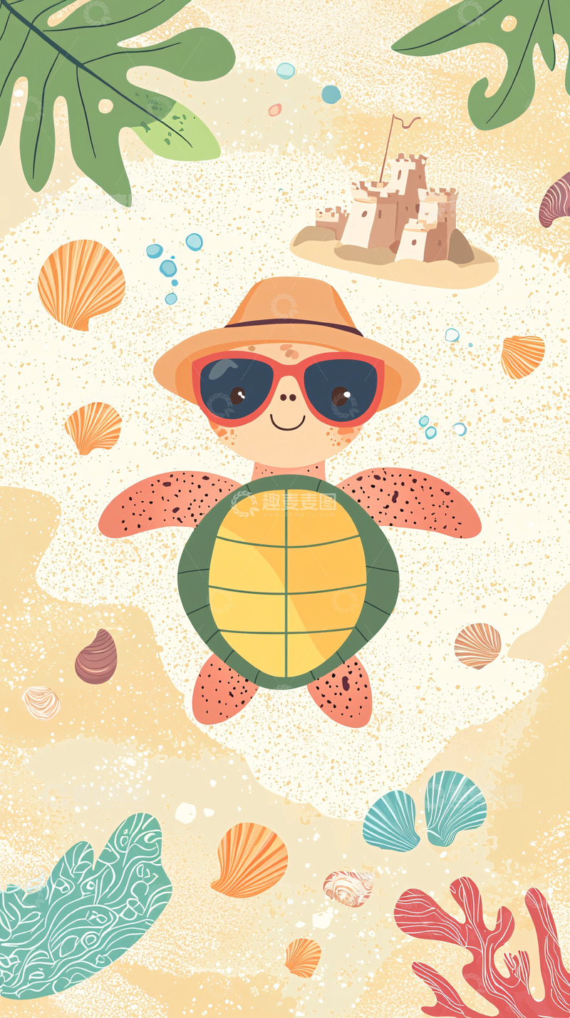 高清大图下载【趣麦麦图】戴墨镜的卡通海龟沙滩度假