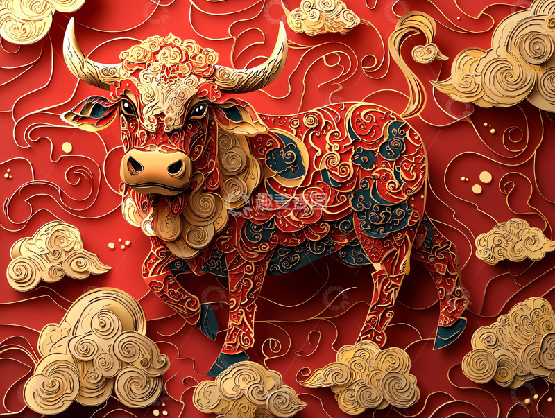 高清大图下载【趣麦麦图】红色背景剪纸风格牛