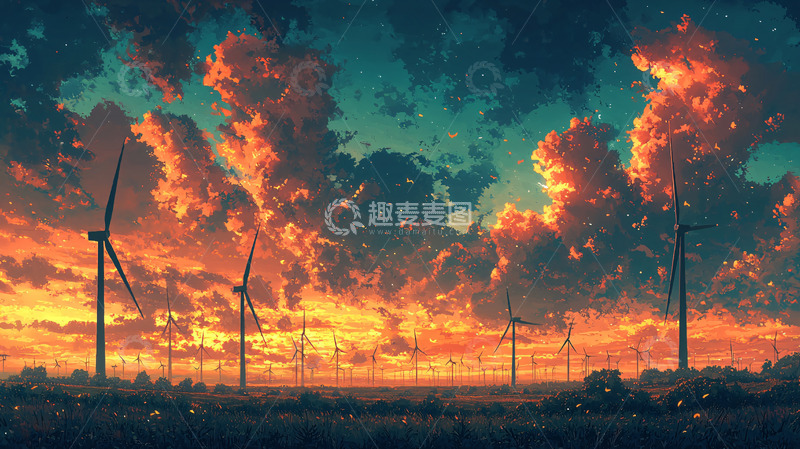 高清大图下载【趣麦麦图】夕阳下风力发电机