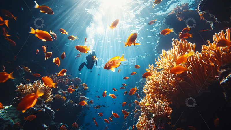 高清大图下载【趣麦麦图】潜水员与珊瑚礁鱼群