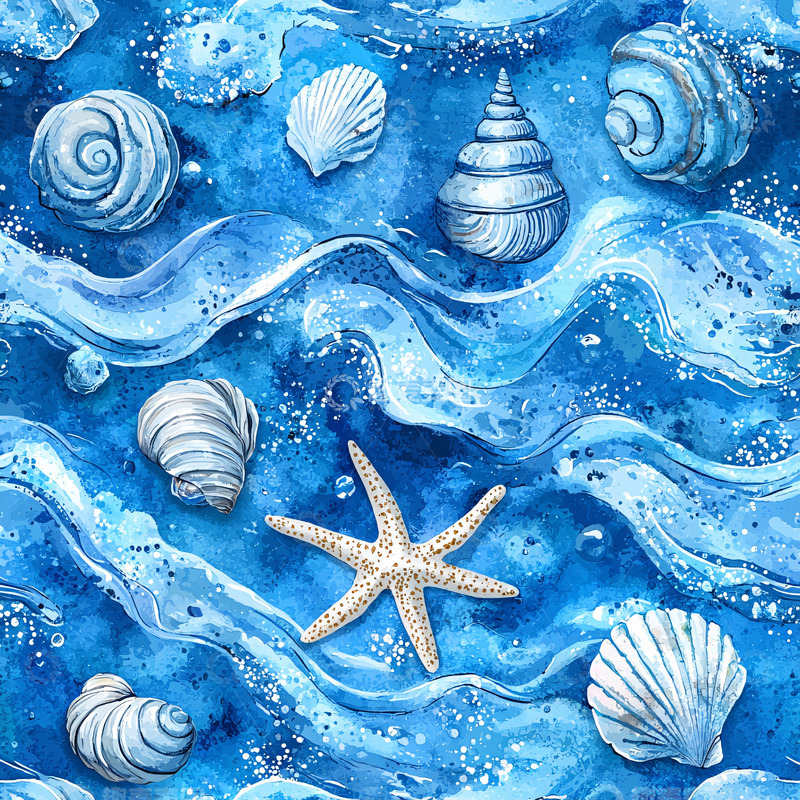 高清大图下载【趣麦麦图】海浪贝壳海星水彩纹理